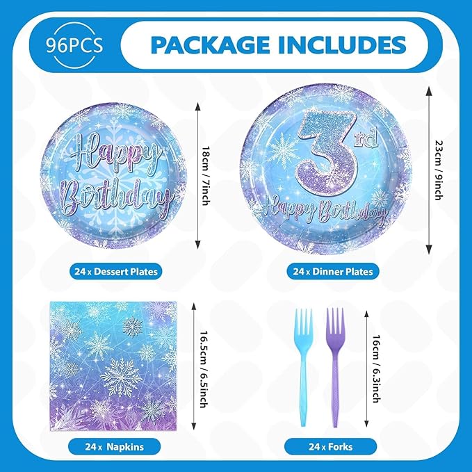 Grencian 96Pcs Frozen Party Supplies Winter Onderland 3rd Birthday Plates Winter Snowflake Disposable Happy 3rd Birthday Tableware for Kids Girls Frozen Themed Party Serves 24