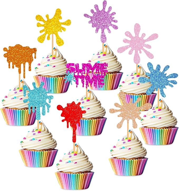 36 Pieces Glitter Slime Cupcake Toppers Colorful Painted Slime Cupcake Decorations for Slime Themed Birthday Party Art Themed Party Supplies