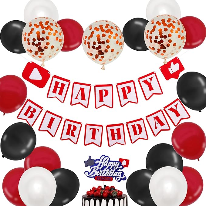 YouTube Themed Party Supplies, YouTube Inspired Birthday Banner Social Media Cake Topper for Subscribe Play Video Theme Birthday Party Decorations