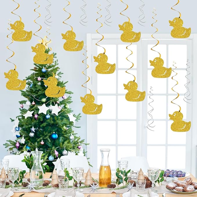 Duck Hanging Swirls, Farm Themed Party Swirls Supplies, Kids Birthday Baby Shower Yellow Duck Party Foil Ceiling Decoration Supplies 18 PCS Gold Glitter
