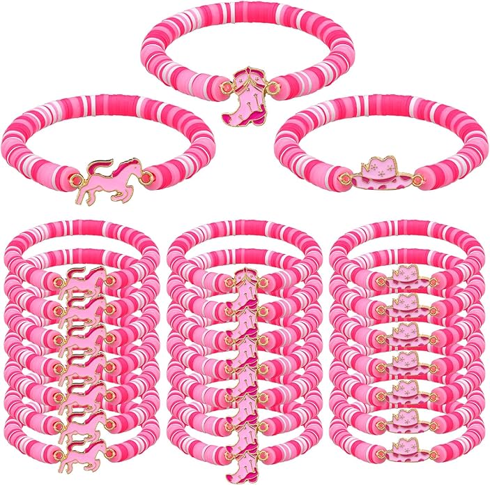 24 Pcs Cowgirl/alien/shark/bee/princess/tropical Party Favors, Polymer Clay Beaded Bracelets Gifts Bulk for Birthday Party