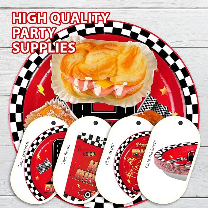Grencian 96Pcs Race Car 6th Birthday Party Decorations Hot Car Checkered Plates and Napkins Racing Themed Disposable Tableware Set for 6 years old Boys Transportation Birthday Party Serve 24