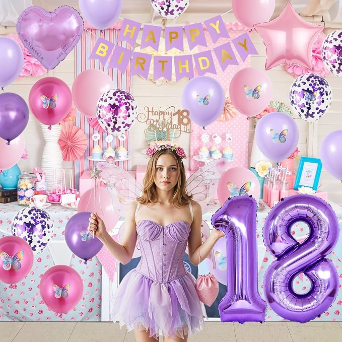 18th Purple Birthday Decorations,Pink Purple 18th Birthday Decorations for Girls Lavender Party Decor Set with Number Foil Balloons Cake Topper Butterfly Stickers for Girls 18th Party Decorations