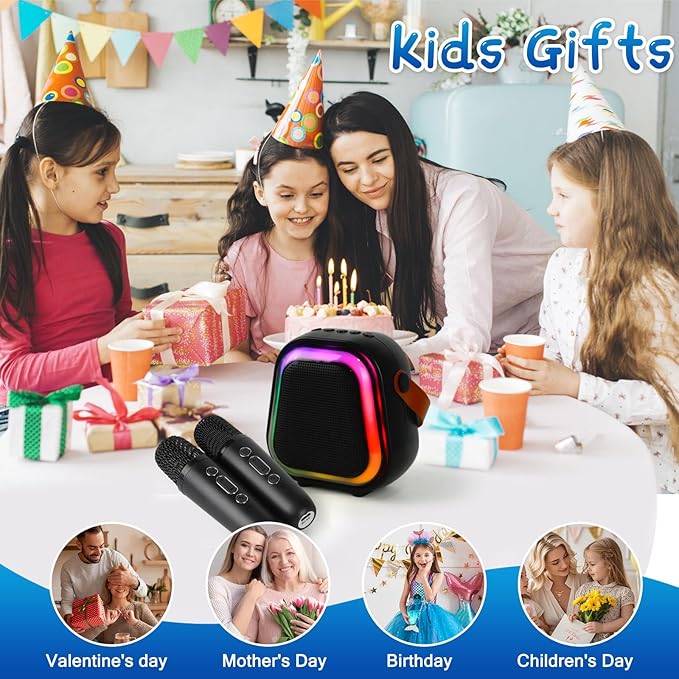 K269 Mini Karaoke Speaker with LED Lights, Portable Bluetooth Entertainment System with 2 Microphones, Dynamic Color-Changing Effects for Kids (Black+2 Mic)
