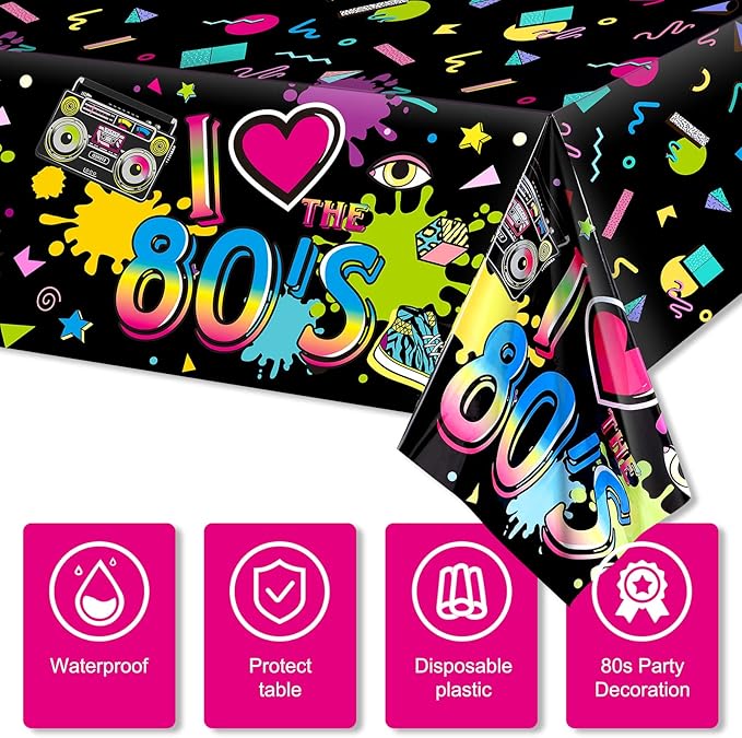 Tegeme 3 Pack 80s Plastic Party Tablecloth 80's Party Table Cover 80s Birthday Supplies The 80's Hip Hop Decoration Throwback Birthday Decoration for Dining Room, 54 x 108''