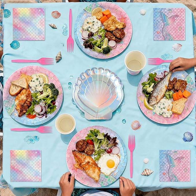 122 Pcs Mermaid Birthday Decorations Under the Sea Party Supplies Include Mermaid Banner Seashell Plates Napkins Tablecloth Cups Forks Pink Blue Ocean Theme Dinnerware Set, Serves 24