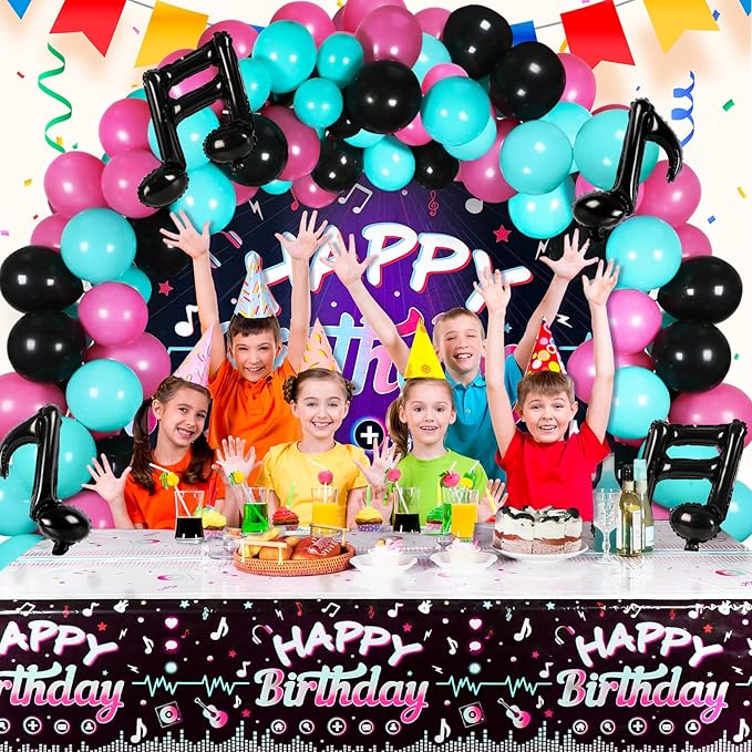 OurWarm 130 Pcs Tik Tok Birthday Party Decorations, Music Happy Birthday Decorations, Tiktok Party Theme Party Supplies Includes Happy Birthday Banner, Balloons Arch, Tablecloth for Birthday Decor