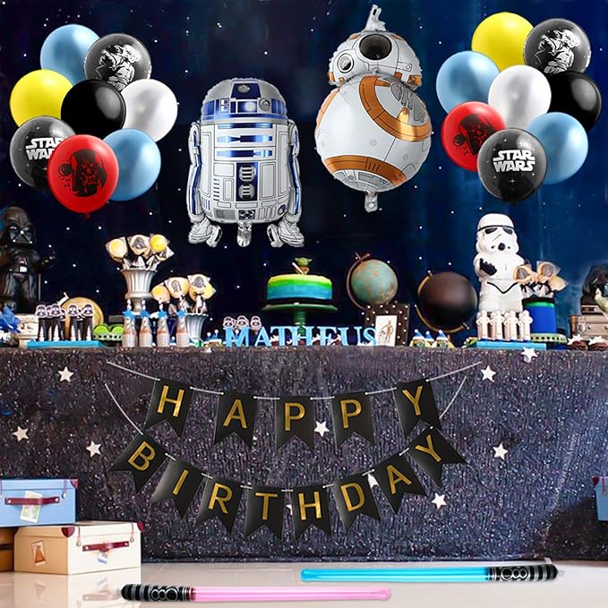 Haooryx 35PCS Galaxy Wars Birthday Party Favor Supplies for Kids, Black Series Birthday Banner Darth Vader Cake Topper Decoration Latex Balloons War Lightsaber BB8 Robot Aluminum Foil balloons