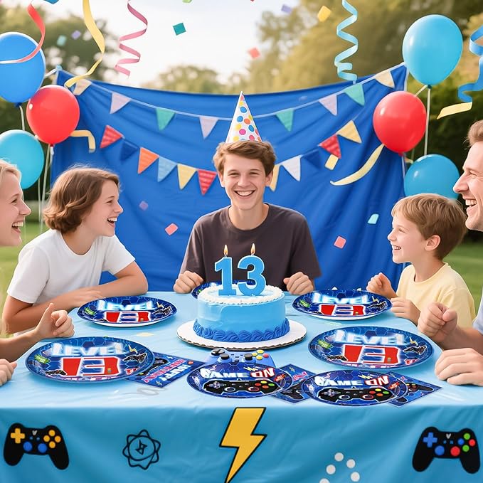 Grencian 96Pcs 13th Birthday Party Decorations Blue Video Game Plates Disposable Blue Official Teen 13th Birthday Paper Tableware Set for Boys 13 Year Old Video Game Theme Party Supplies, Serves 24