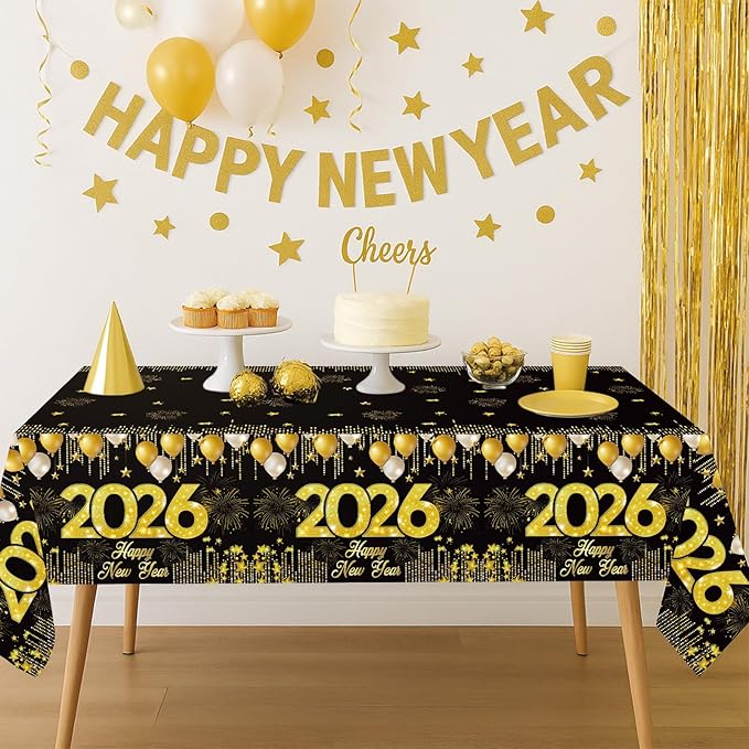 Staraise 3PCS New Years Tablecloths, Black and Gold Plastic Tablecloth Happy New Year Table Decorations Disposable Rectangular PE Table Cover for New Year's Eve Party Supplies 2026, 51.2X 86.6inch