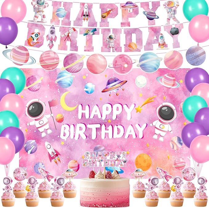 Pink Space Birthday Decorations Outer Space Theme Party Supplies Solar System Happy Birthday Banner Background Cake Cupcake Toppers Balloons for Galaxy Planet Astronaut Party Favor Decor