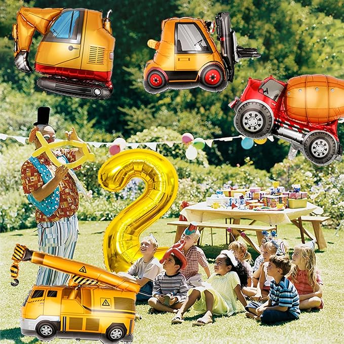 Construction Birthday Party Supplies 2 Year Old, Large Construction Balloons 40Inch Gold Number 2 Balloons Construction Truck Foil Balloons for Boys 2nd Construction Birthday Party Decorations