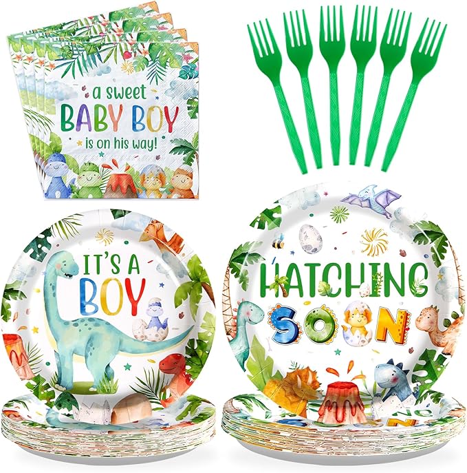 Grencian 96Pcs Dinosaur Baby Shower Decorations Watercolor Dinosaur Plates and Napkins Disposable Hatching Soon Baby Shower Tableware Set for Dino Baby Shower Boy Birthday Party Supplies, Serves 24