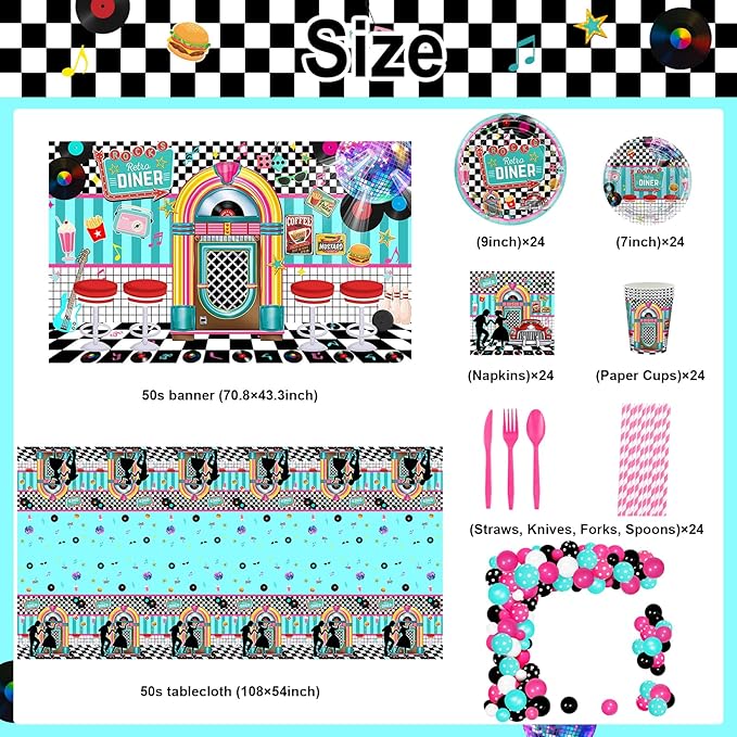 50s Party Decorations 280 PCS 1950s Retro Diner Decorations Sock Hop Backdrop Balloons Plates Napkins Cups Tablecloth Grease Music Party Supplies Serve 24