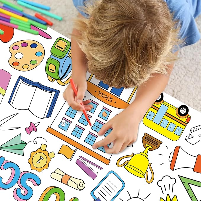 Back to School Large Coloring Poster for Kids 30 x 72 Inch, Giant Coloring Paper Tablecloth Decorations, Color-in Activities Games for Classroom Supplies Must Haves