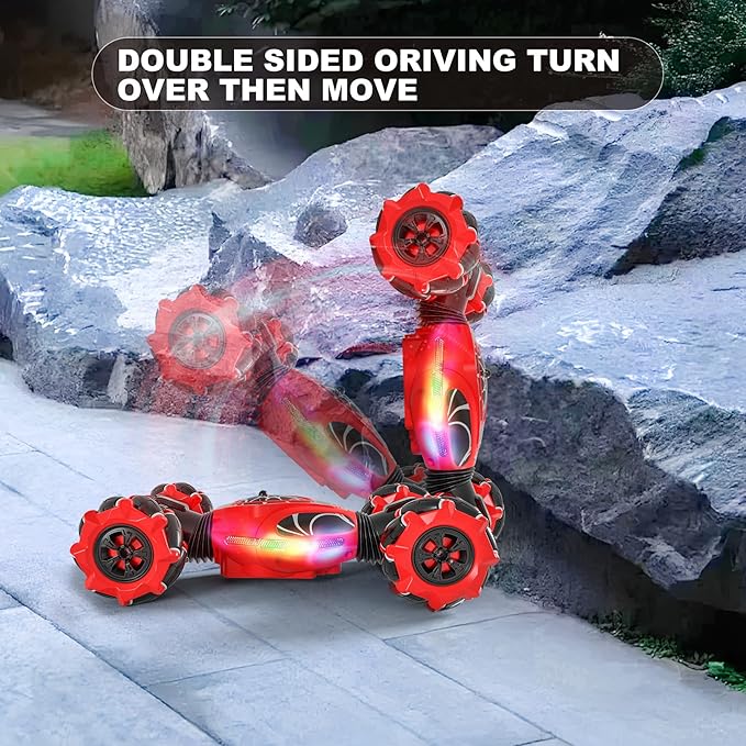 Gesture RC Car Red,1:24 High Speed 4WD Transform Stunt Car with Gesture & Remote Control, 360° Rotation Drift Vehicle with LED Lights Music, Racing Toy Cars Gift for Boys Girls Age 6-12