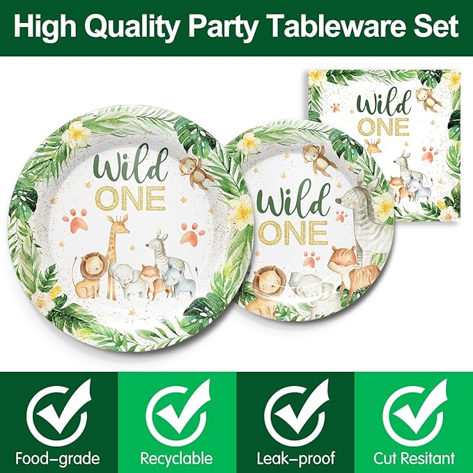 Wild One Birthday Party Supplies Tableware Set - Safari Birthday Decorations Include Plates, Napkins, Cups, Cutlery, for Animal Jungle Theme Wild One Party Supplies | Serves 24