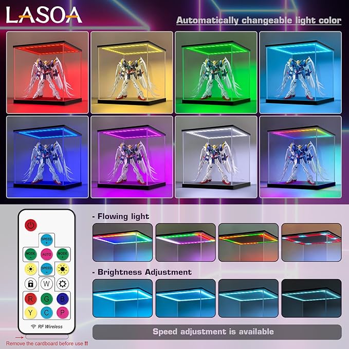 LASOA Acrylic Display Case with RGBW Color Changing LED Light, Clear Display Box for Action Figures and Collectibles, Self-Assembly Dustproof Showcase with Black Base, 11.8x11.8x15.7inch
