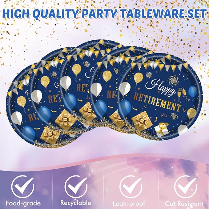 41PCS Retirement Decorations For Women Men Blue Gold Happy Retirement Party Supplies Decor Napkins Plates Tablecloth Tableware Set Serves 20