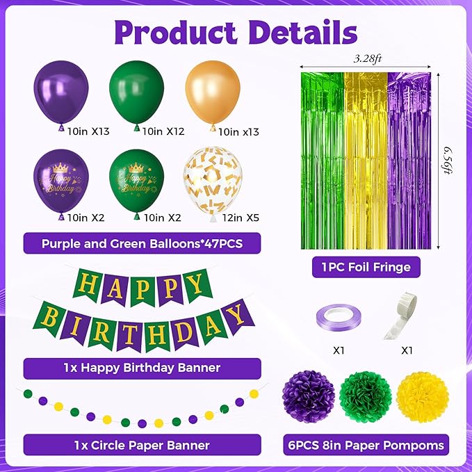 Purple Green Gold Party Decorations, Metallic Printed Confetti Balloons Fringe Curtain Happy Birthday Banner Circle Dots Garland Paper Pompom New Orleans Holiday Masquerade Party Supplies