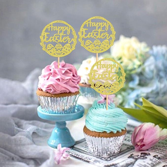 Ercadio 24Pcs Happy Easter Cupcake Toppers Glitter Golden Happy Easter Eggs Cupcake Picks for Easter Day Theme Baby Shower Easter Birthday Wedding Anniversary Party Cupcake Decorations