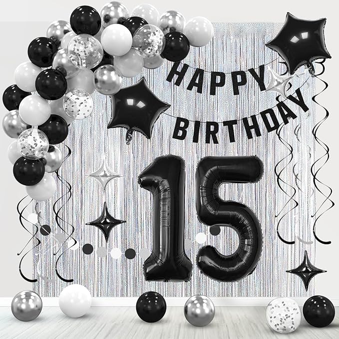 15th Birthday Decorations for Boys Girls, Silvery and Black Happy 15th Birthday Banner ,Number 15 Balloons Arch Kit for 15 year old Birthday Party Decorations