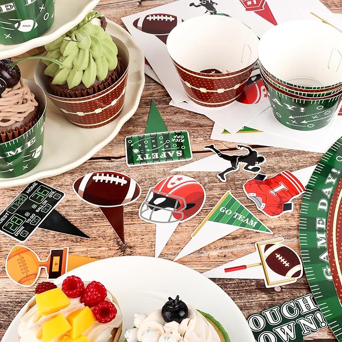 48 Pack Football Cupcake Toppers and Wrappers, Football Rugby Go Team Cake Decoration for Football Theme Birthday Party Sports Game Day Party Supplies