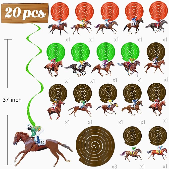 Horse Racing Hanging Swirls 20PCS Derby Day Hanging Decorations Horserace Party Decorations Jockey Horse Race Cutout Streamers for Race Horse Equestrian Birthday Party Supplies