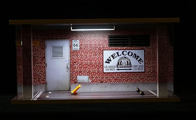 Display Case for 1/18 Diecast Cars,Acrylic Display Case for 1/12 Scale Toy Motorcyle with LED Lighting, Route 66-3 Open Side