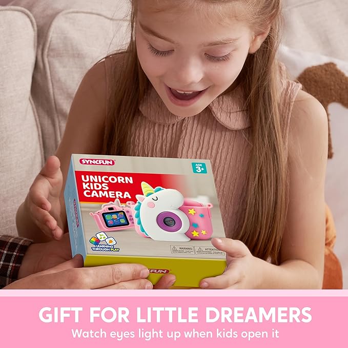 SYNCFUN Kids Camera, Birthday Gifts for Girls 3 4 5 6 7 8 Year Old, Unicorn Toys Selfie Toddler Toy, 1080P HD Selfie Digital Video Camera with 32GB SD Card (Unicorn)