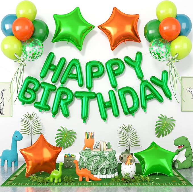 29PC Green Orange Happy Birthday Balloons Banner, 16Inch 3D Aluminum Letter Banner Sign, Green Orange Balloon 18 Inch Star Foil Balloon for Women, Men Party Supply