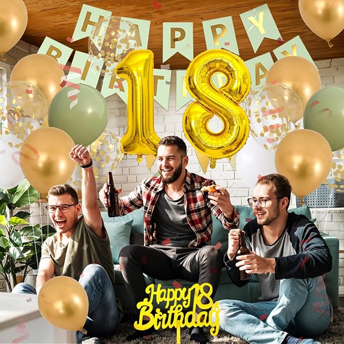 18th Birthday Decorations For Boys Girls, Sage Green Happy Birthday Party Decoration With Number 18 Balloons Gold Confetti Balloons Fringe Curtain Banner Cake Topper For 18th Party Supplies