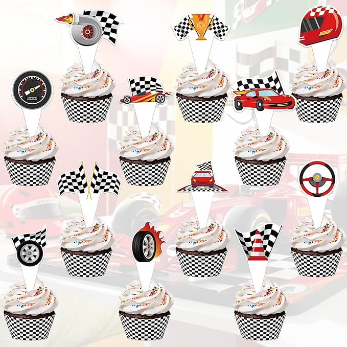 48 Pack Race Car Cupcake Toppers and Wrappers, Race Car Party Cake Decoration for Racing Checkered Theme Birthday Party Baby Shower Supplies