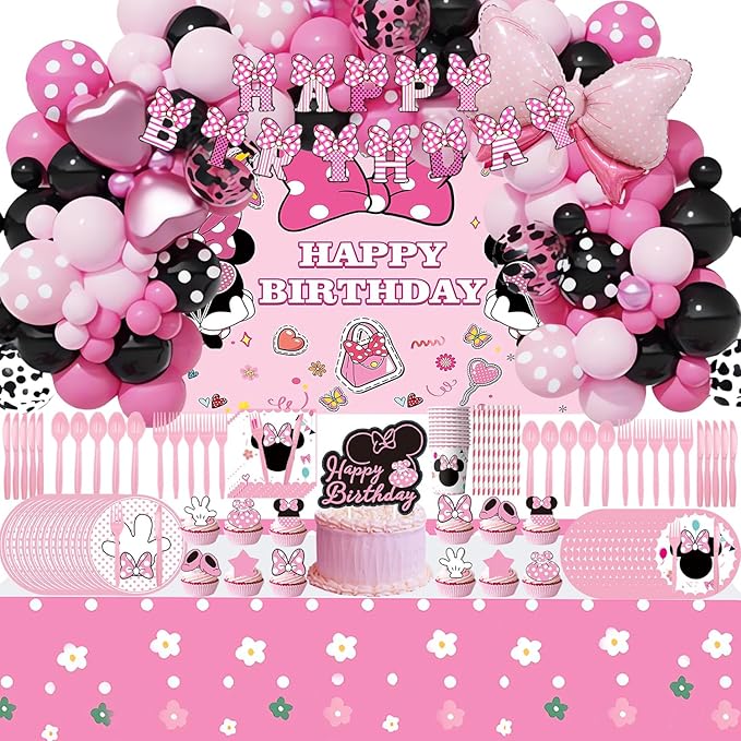 288 PCS Pink Mouse Birthday Decorations Serves 20 Guests Mouse Theme Party Decorations Include Balloons, Tablecloth, Backdrop, Cake Topper, Paper Plates and More Party Supplies for Girls