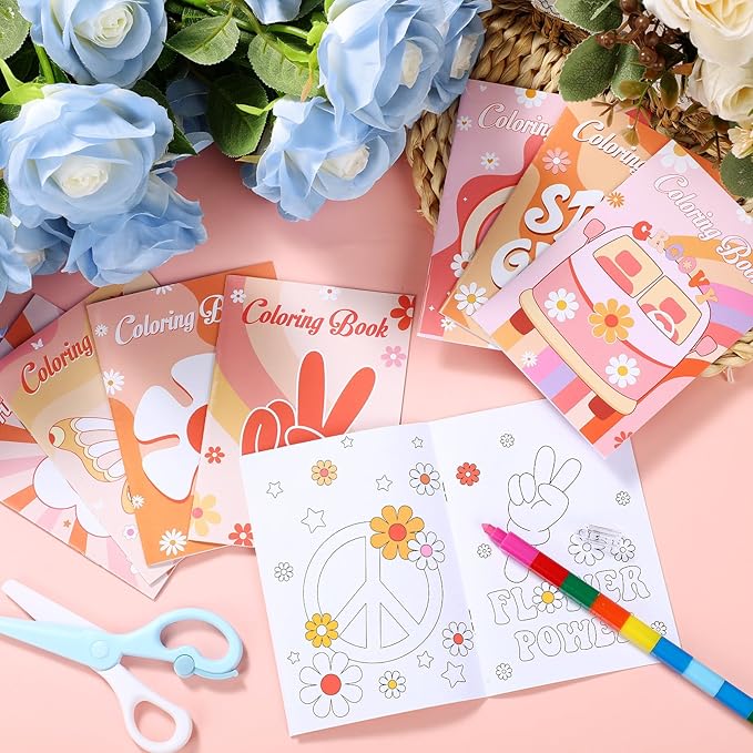 Honoson 24 Pcs Hippie Boho Coloring Books Kids Stay Groovy Drawing Book Peace Sign Mini Coloring Books Daisy Rainbow Hippie Bus Activity Book for Retro Boho Two Groovy Birthday Party Supplies Favors