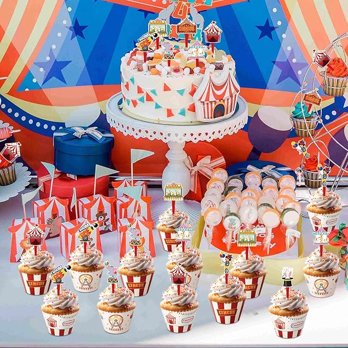 48 Pack Circus Cupcake Toppers and Wrappers, Carnival Party Cake Decoration for Carnival Theme Birthday Party Baby Shower Supplies