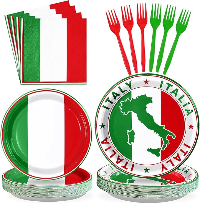 96Pcs Italian Flag Birthday Party Supplies Italy Flag Plates and Napkins Red White and Green Italian Tableware Sets for Pizza Baby Shower Picnic Holiday Family Reunion Party Decorations Serves 24
