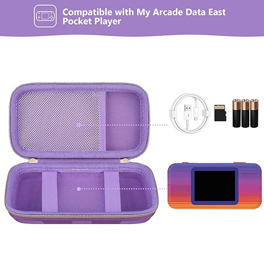 Supmay Hard Travel Case for My Arcade Data East Pocket Player, Portable Video Game System Handheld Game Protection Case with Mesh Pocket for Batteries and USB-C Cable, Purple