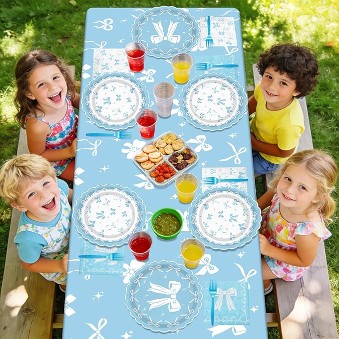 Blue Bow Party Supplies Set for 20 Guests, Including Tablecloths, Forks, Napkins and Plates for Blue Bow Birthday Decorations Coquette Birthday Party Bachelorette