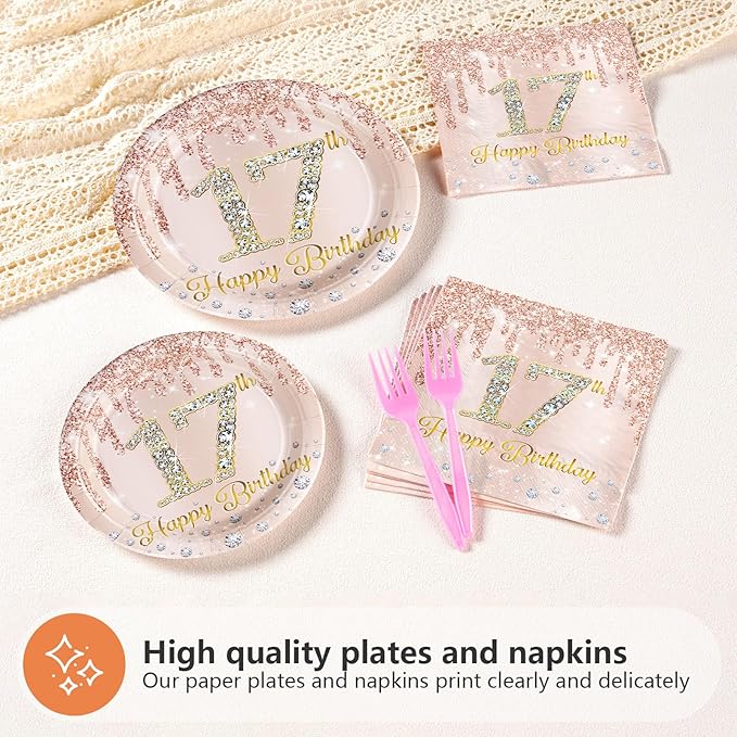 96 PCS 17th Birthday Party Decorations Rose Gold 17 Years Old Birthday Party Plates and Napkins Disposable 17th Birthday Paper Tableware Set for Girls Seventeen Birthday Party Supplies, Serves 24
