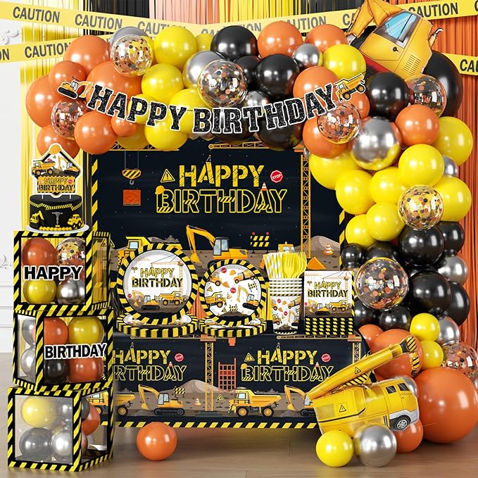 287Pcs Construction Birthday Party Supplies, 25 Construction Theme Tableware, All-in-1 Pack Includes Backdrop Tablecloth Balloon Boxes Balloon Kit for Construction Birthday Decorations