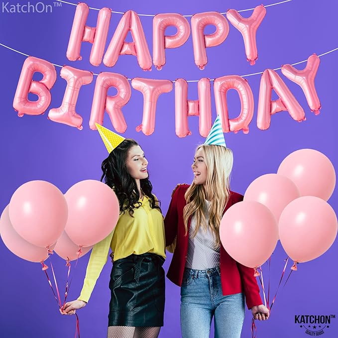 KatchOn, Pink Happy Birthday Balloons Banner - 16 Inch | Happy Birthday Sign | Pink Birthday Decorations | Birthday Balloons Letters | Banner for Happy Bday Decorations