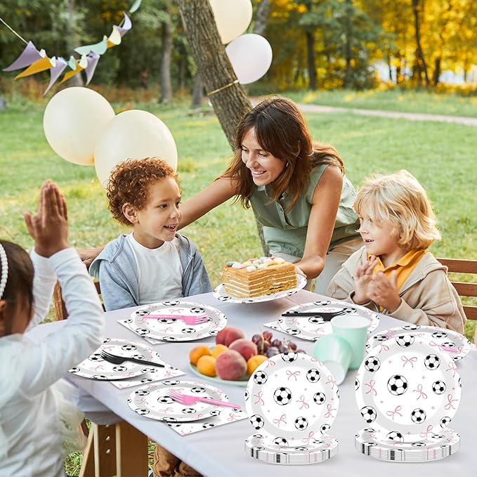 96PCS Soccer and Bow Party Paper Plates and Napkins for Sports Themed Party Dessert Cake Plates Disposable Decor Pink Bow Soccer Birthday Parties Set for Boys Girls Birthday Gatherings Decorations