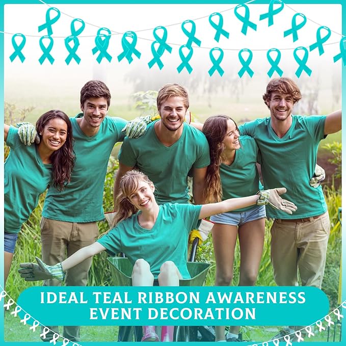VitalCozy 10 Pcs Ribbon Awareness Banner 13.1 ft Ribbon Garland Cancer Awareness Decor Cancer Free Decorations for Society Events Groups Fundraisers Party Supplies(Teal)