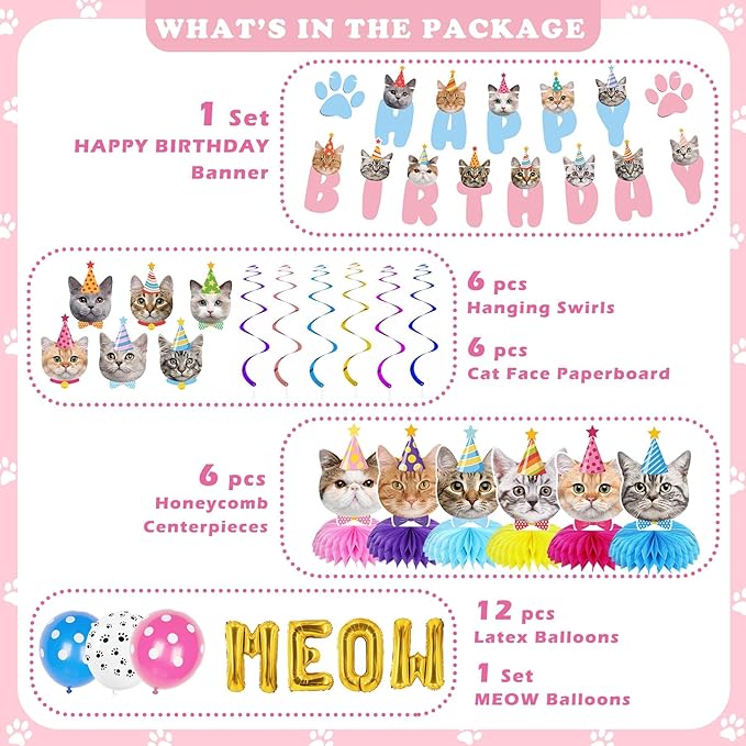 Cat Birthday Party Supplies Party Decorations Includes 1 Birthday Banner, 6 Honeycomb Centerpieces, 6 Hanging Swirls with 6 Cat Cutouts, MEOW Letter Balloons and 12 Balloons