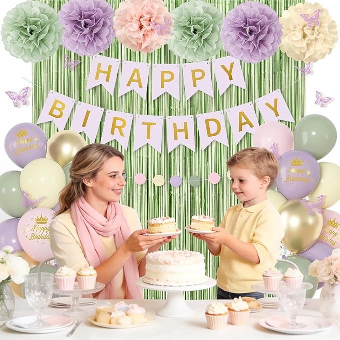Fairy Birthday Decorations for Women Girls, Lavender Green Pastel Pink Yellow Metallic Printed Balloons Butterfly Stickers Fringe Curtain Happy Birthday Banner Circle Dot Paper Pompom Party Supplies