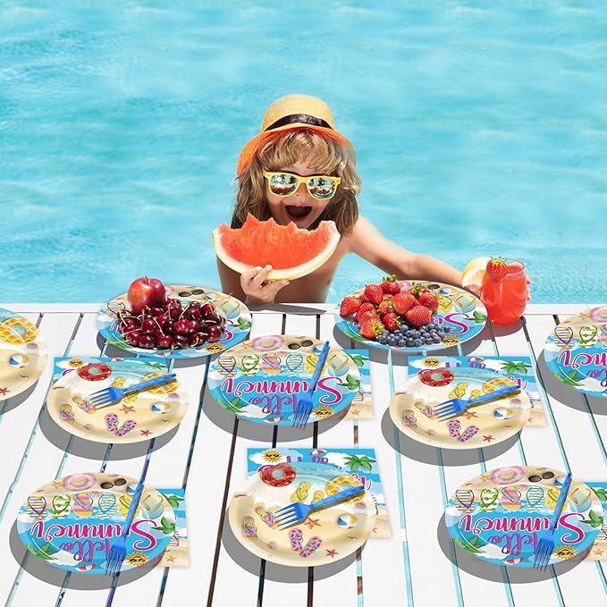 CHUNNIN 96Pcs Hello Summer Plates and Napkins Beach Party Decorations Hawaiian Tropical Disposable Paper Dessert Plates Tableware Set for 24 Guests Kids Summery Ocean Pool Birthday Party Supplies