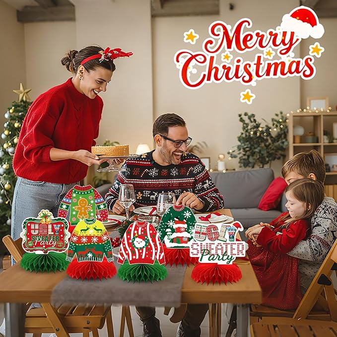 10 Pcs Christmas Ugly Sweater Party Decorations Honeycomb Centerpieces,3D Xmas Table Toppers Christmas Ugly Sweater Table Decor for Winter Holidays Party Supplies
