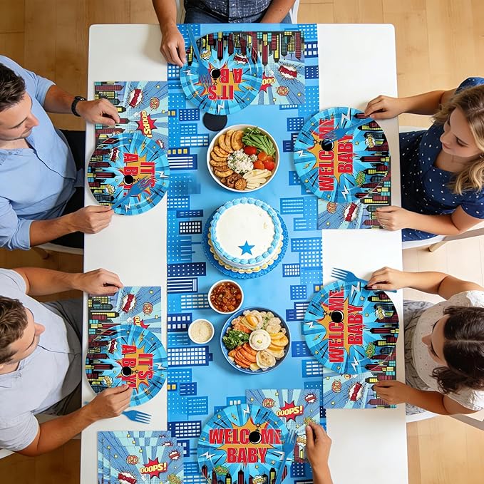 96Pcs Super Theme Hero Baby Shower Party Decoration Hero City Buildings Plates and Napkins Blue Welcome Baby Disposable Tableware Set for Boys Baby Shower Birthday Party Supplies Serves 24