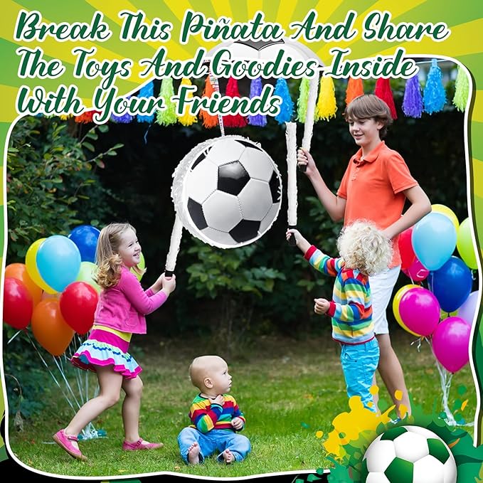 1 Ball Piñata Set with Blindfold, Baton and Paper Scrap, Stickers, Keychains, Bracelets, Mini Balls for Birthday Decoration Sport Themed Party Supplies(Soccer)